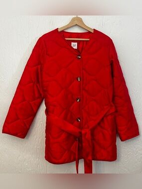 GAP Quilted Puffer Coat Bright Red Large Fall Winter Fisherman Layering Casual